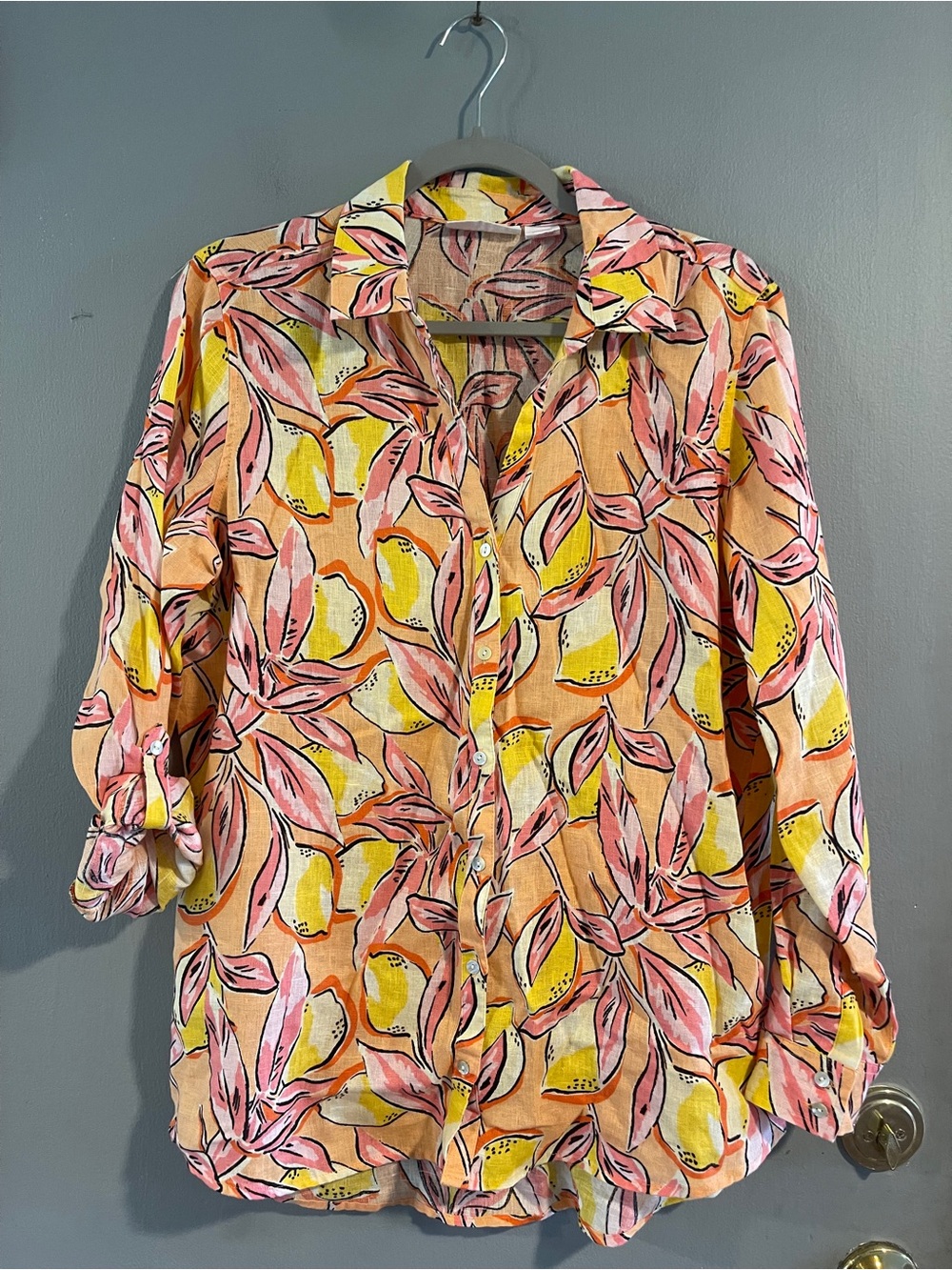 Isaac Mizrahi Women's M 100% Linen Shirt Lemon‎ Print Button-up Roll-tab Sleeve